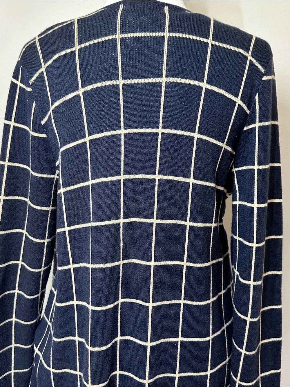 Charter Club Navy Windowpane Cardigan & Gibson Latimer Cream Denim Wrap Skirt